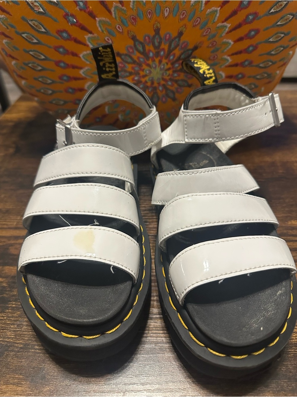 Dr. Martens Kids White Patent Triple-Strap Sandals with Yellow Stitching